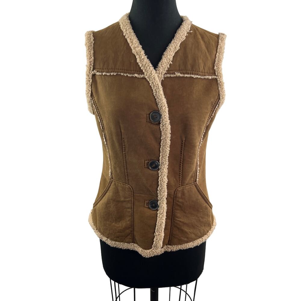 WERNER CHRIST Leather Brown Beige Winter Vest V-Neck Shearling Button Front 38
